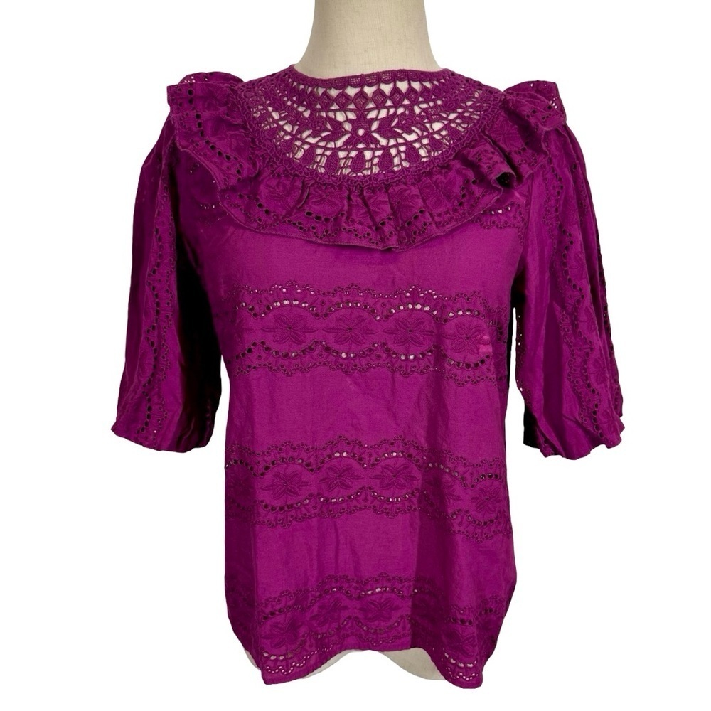 Sezane Elsa Blouse Eyelet Embroidered Ruffled Openwork in Purple Violet sz36/US4 - Picture 5 of 13
